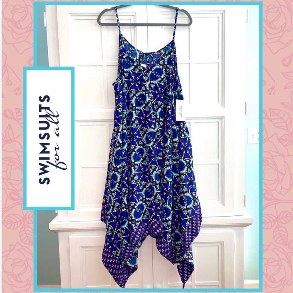 Swimsuits For All Blue Teal Patterned Handkerchief Hem Swim Coverup
